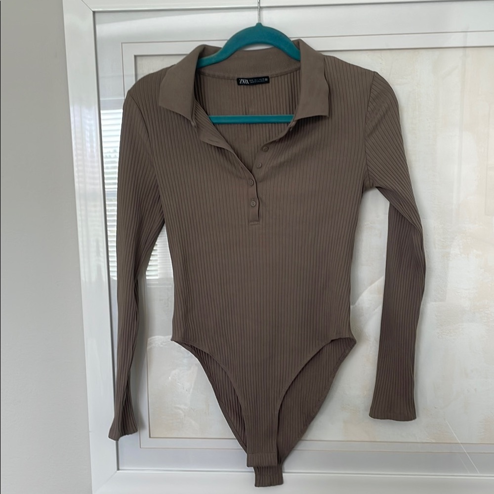 Zara Brown Ribbed Long Sleeve Bodysuit -size L